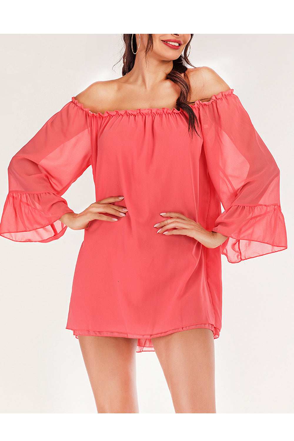 Women Elasticated Off Neck Bell Sleeve Chiffon Shirt