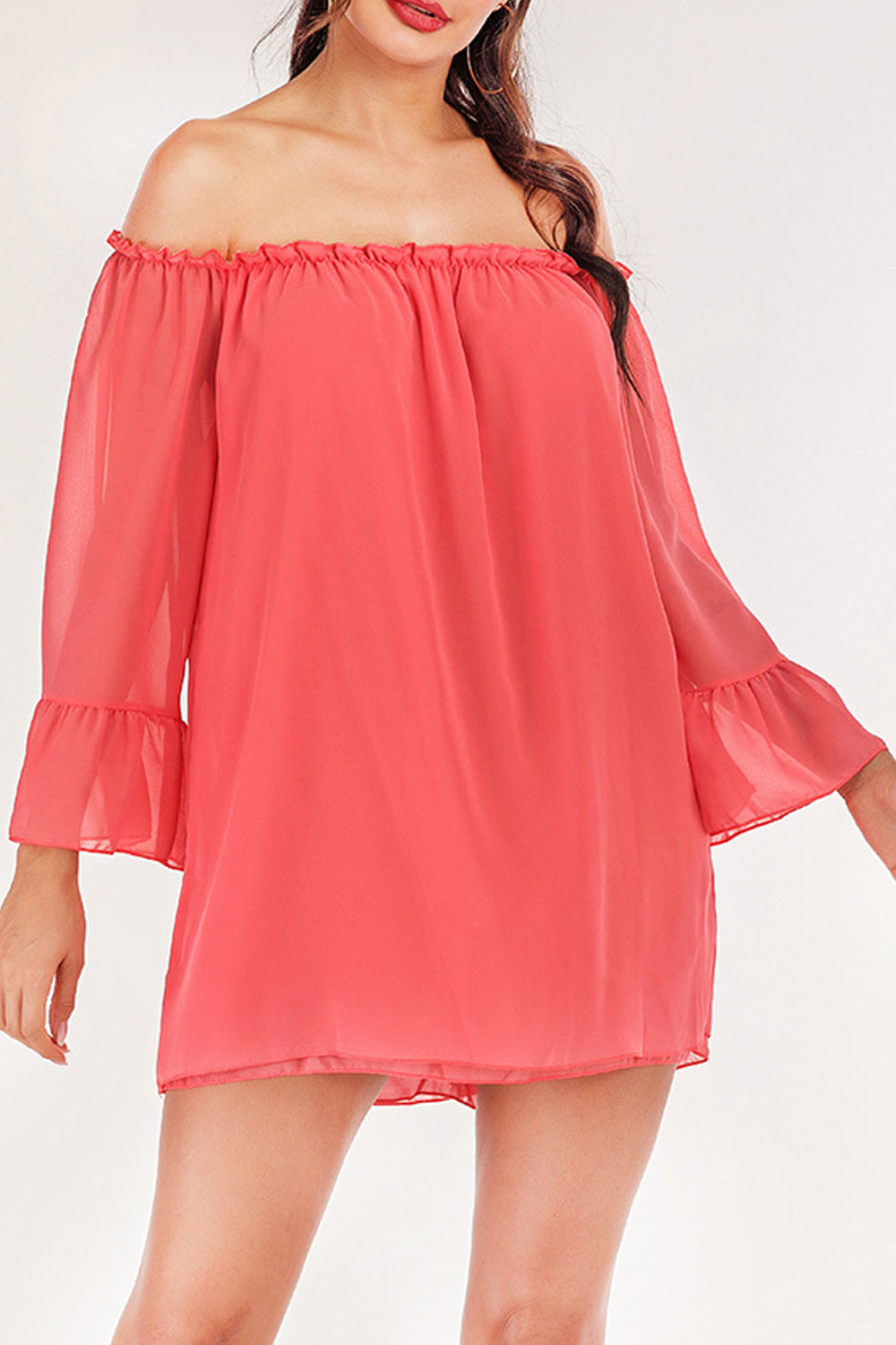 Women Elasticated Off Neck Bell Sleeve Chiffon Shirt