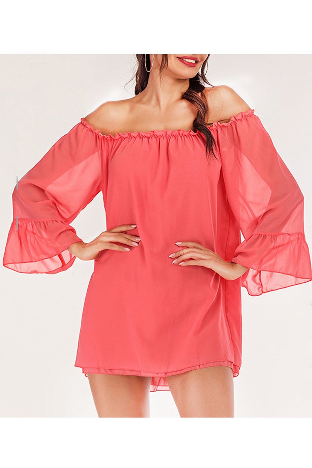 Women Elasticated Off Neck Bell Sleeve Chiffon Shirt