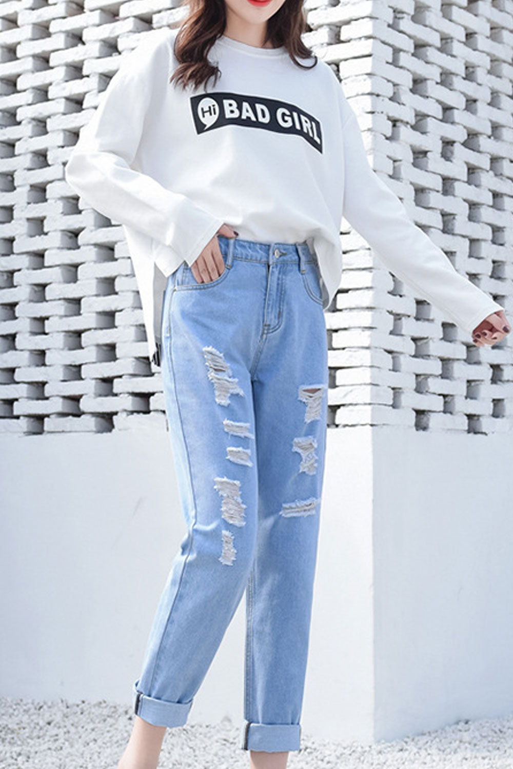 Women Rough Decorated Pocket Jeans