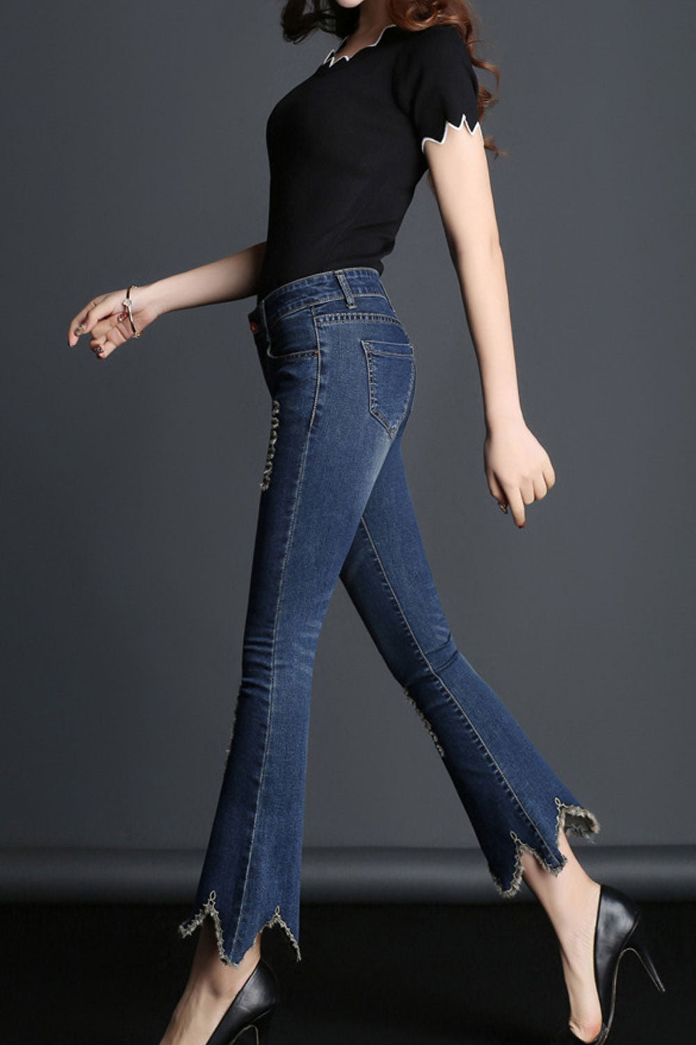 Women V-Shape Endings Decorated Jeans