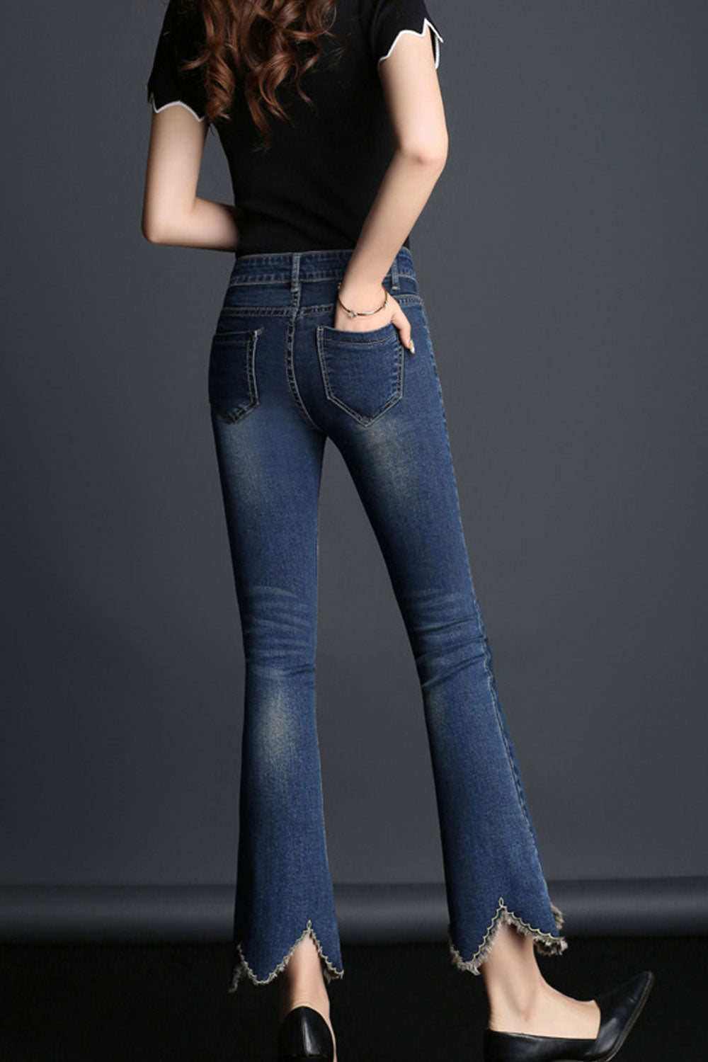 Women V-Shape Endings Decorated Jeans