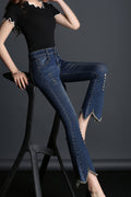 Women V-Shape Endings Decorated Jeans