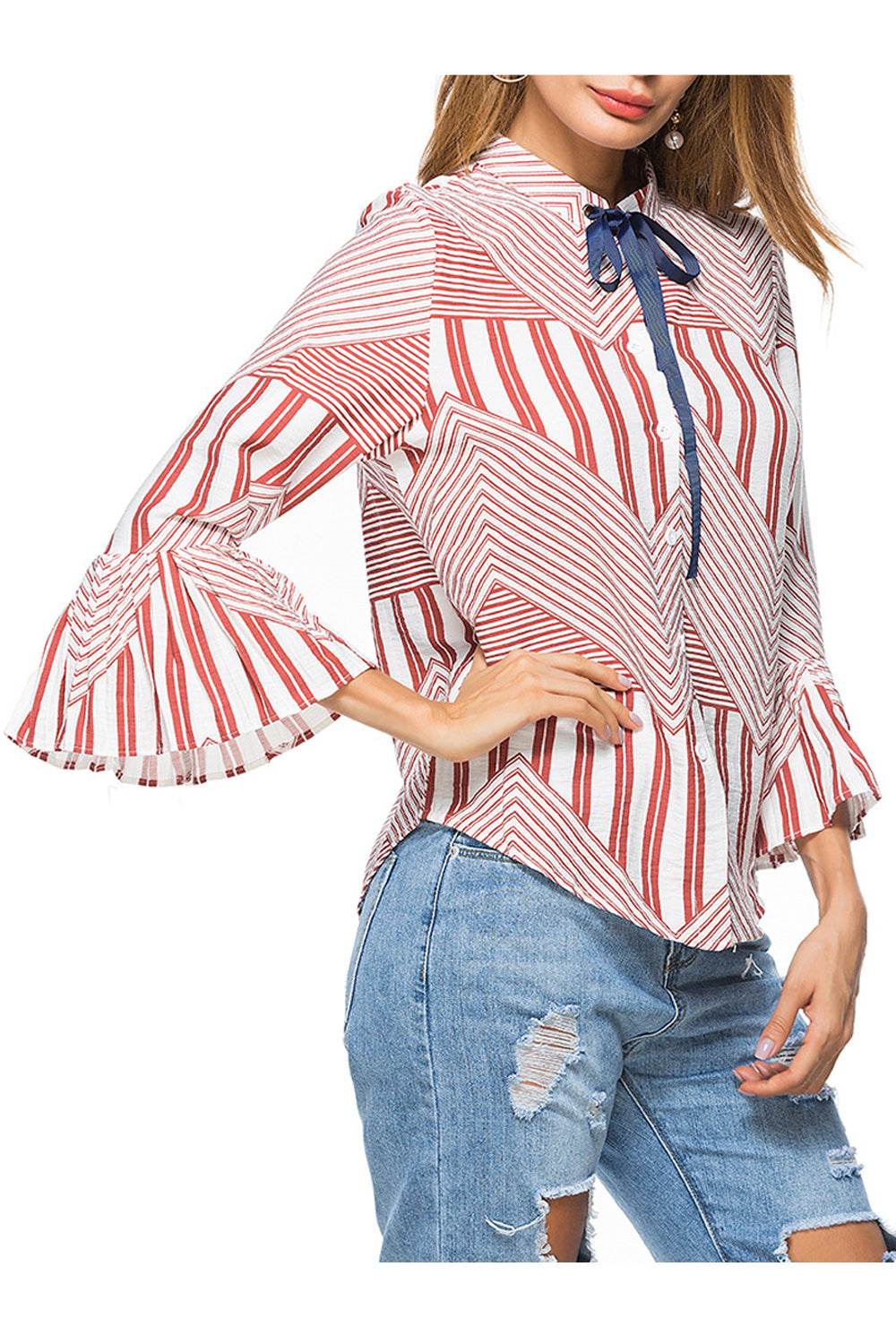 Women Pleated Pattern Cuff Sleeve Button Closure Shirt