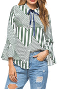 Women Pleated Pattern Cuff Sleeve Button Closure Shirt