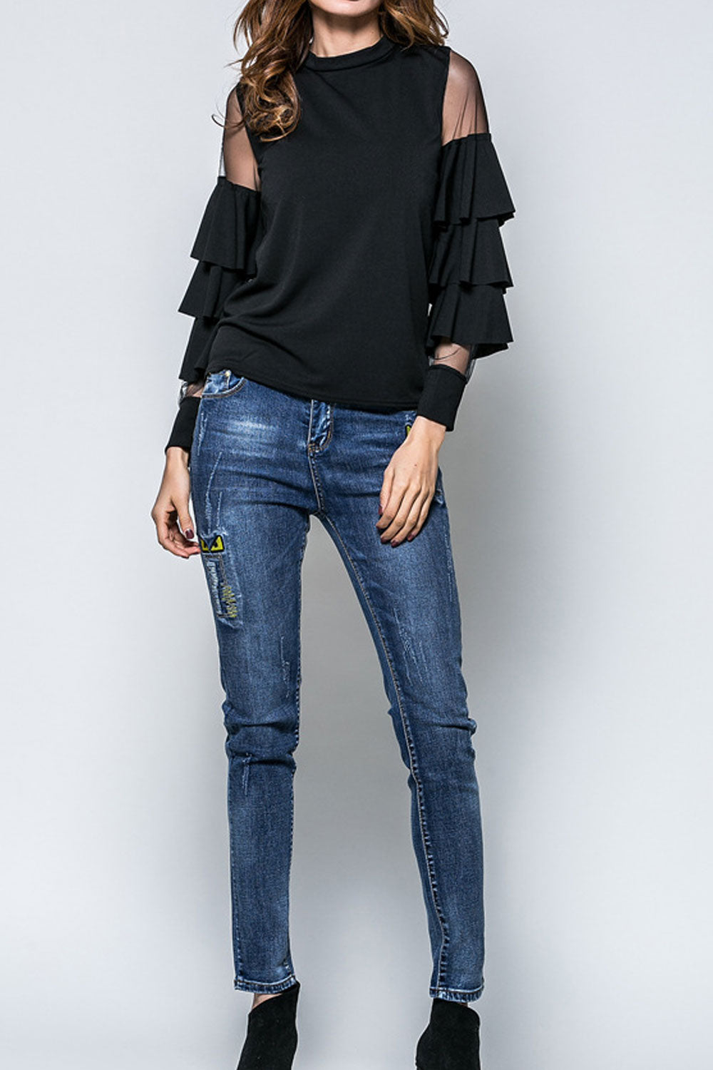 Women Fashionable Stand Collar Long Sleeve Solid Pattern Top