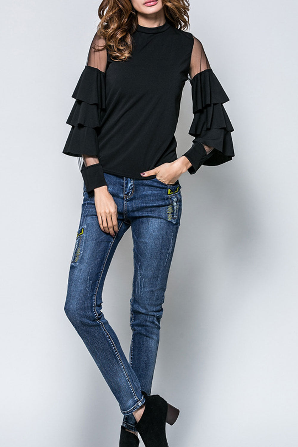 Women Fashionable Stand Collar Long Sleeve Solid Pattern Top