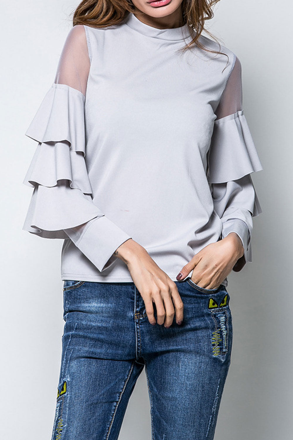 Women Fashionable Stand Collar Long Sleeve Solid Pattern Top