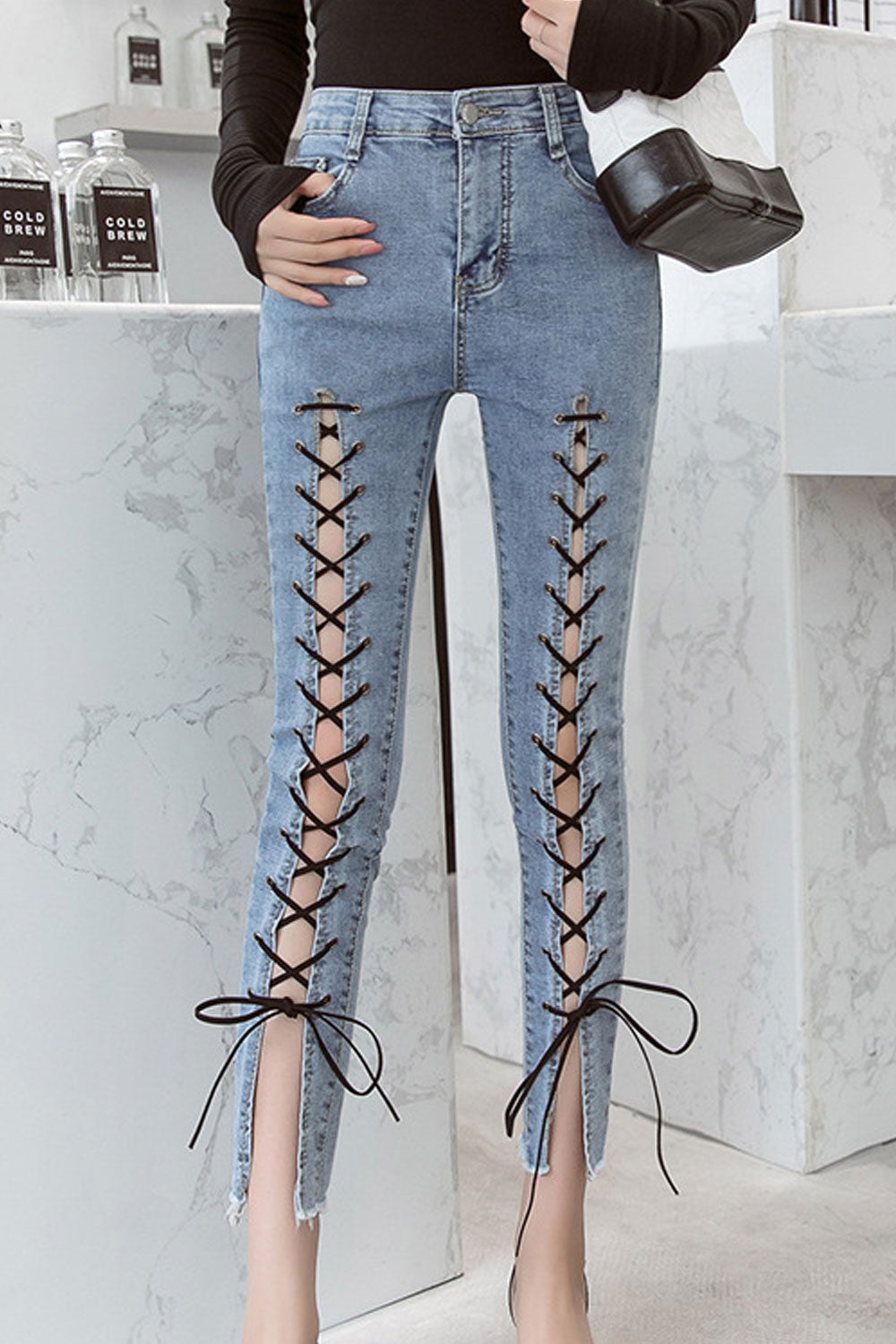Women Lace Tie Slim Long Jeans