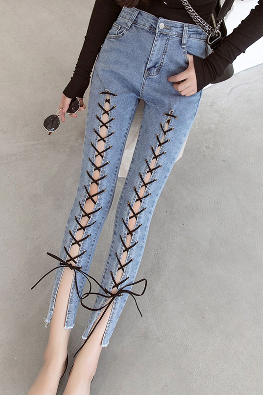 Women Lace Tie Slim Long Jeans