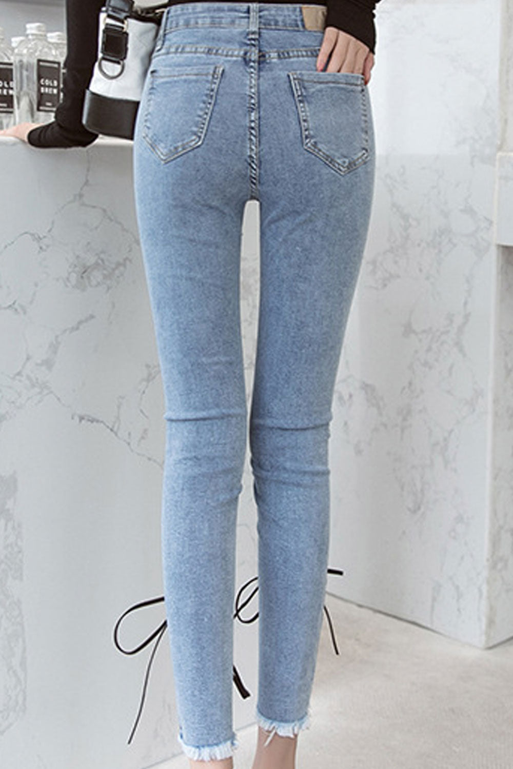 Women Lace Tie Slim Long Jeans