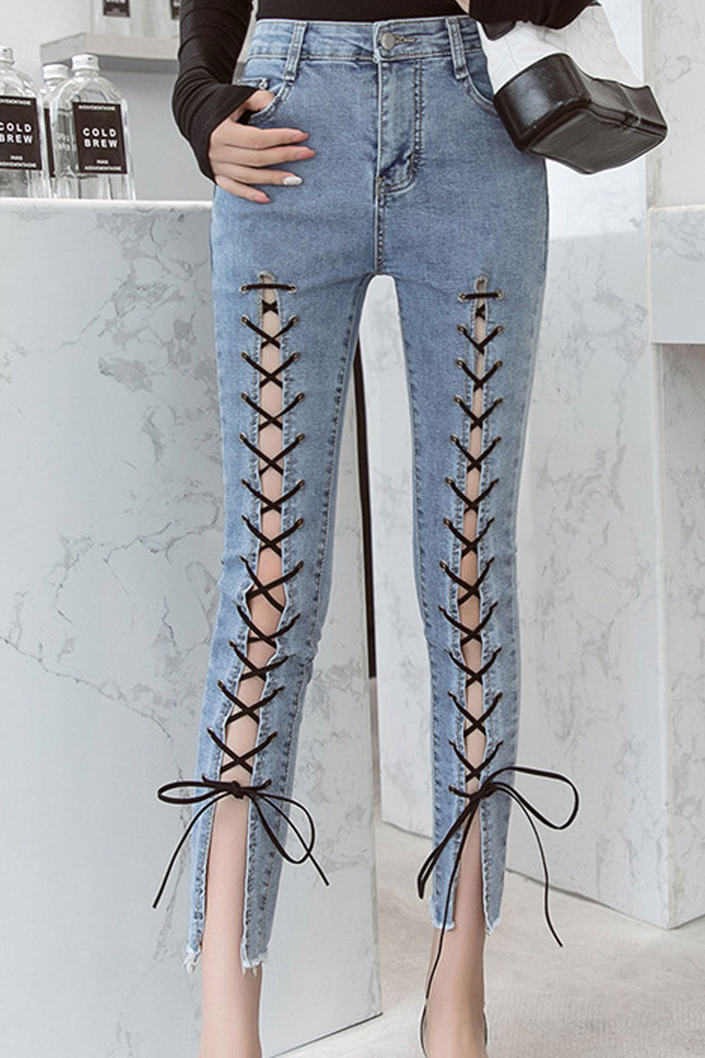 Women Lace Tie Slim Long Jeans