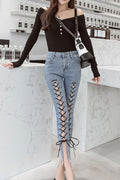 Women Lace Tie Slim Long Jeans
