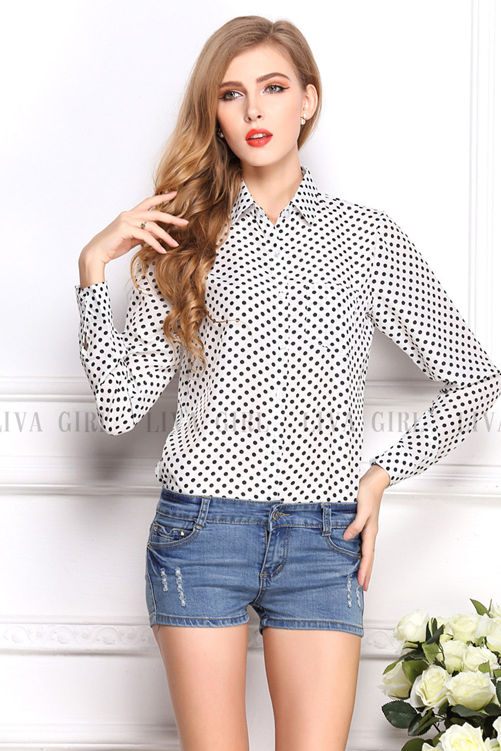 Women's Button Closure Polka Dots Casual Shirt White