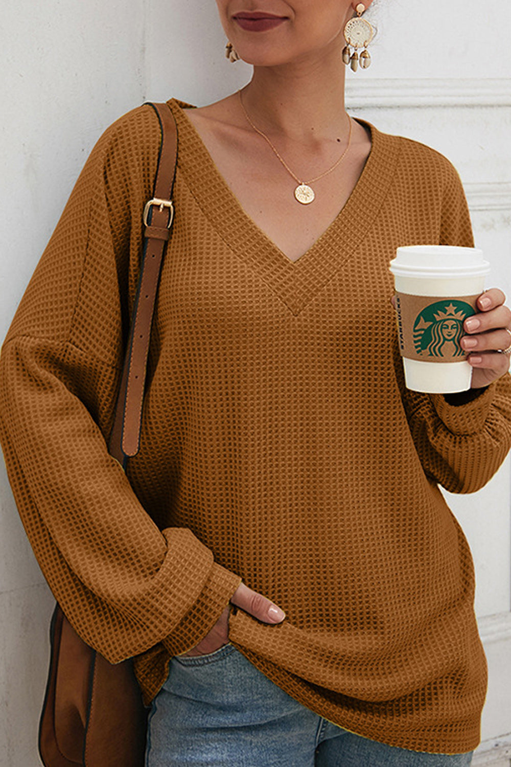 Women Solid Colored Long Sleeve V-Neck Style Shirt
