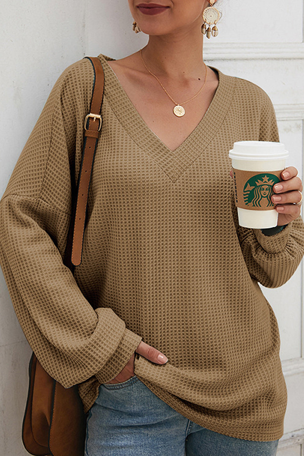 Women Solid Colored Long Sleeve V-Neck Style Shirt