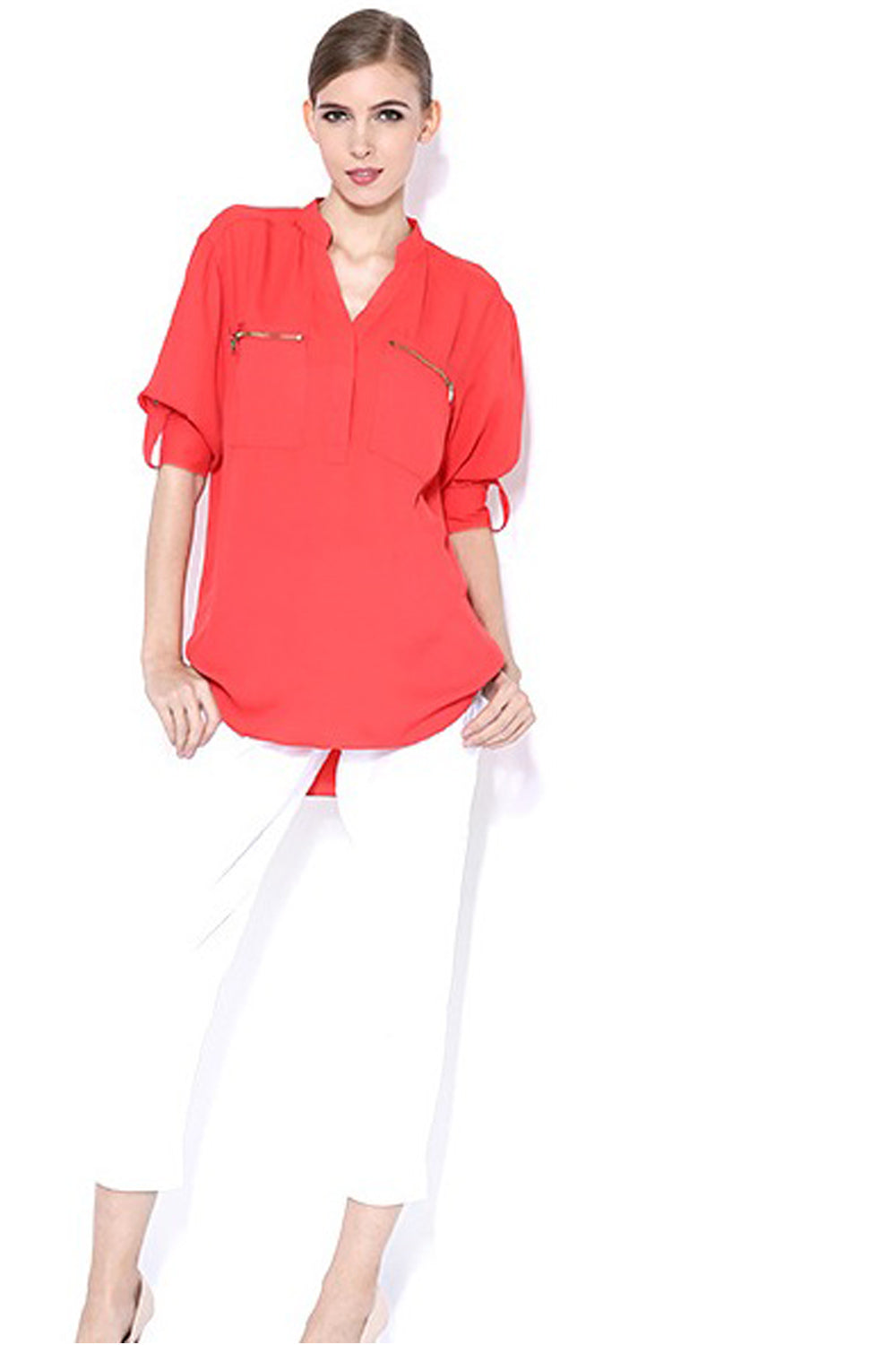 Women Long Sleeve Crepe Collar Neck Shirt Red