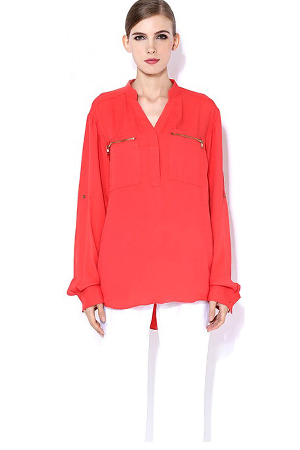 Women Long Sleeve Crepe Collar Neck Shirt Red