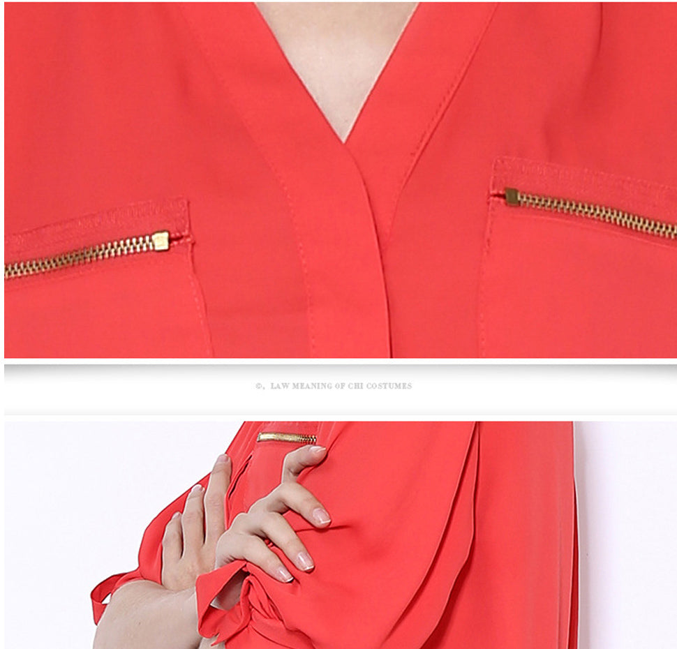 Women Long Sleeve Crepe Collar Neck Shirt Red