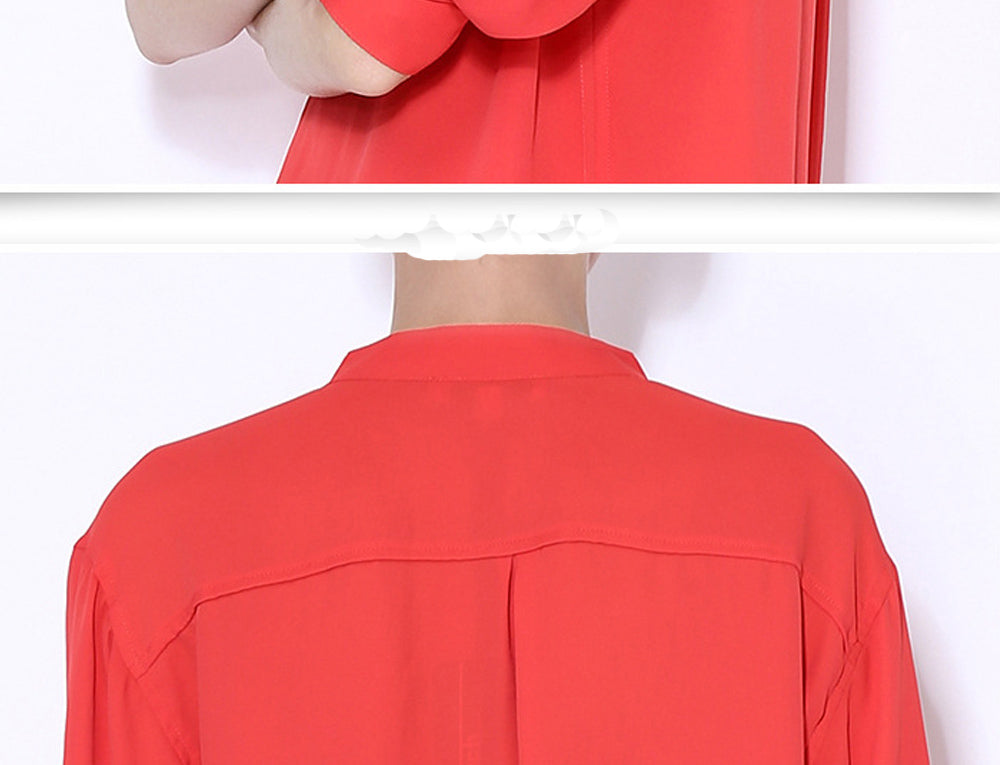 Women Long Sleeve Crepe Collar Neck Shirt Red