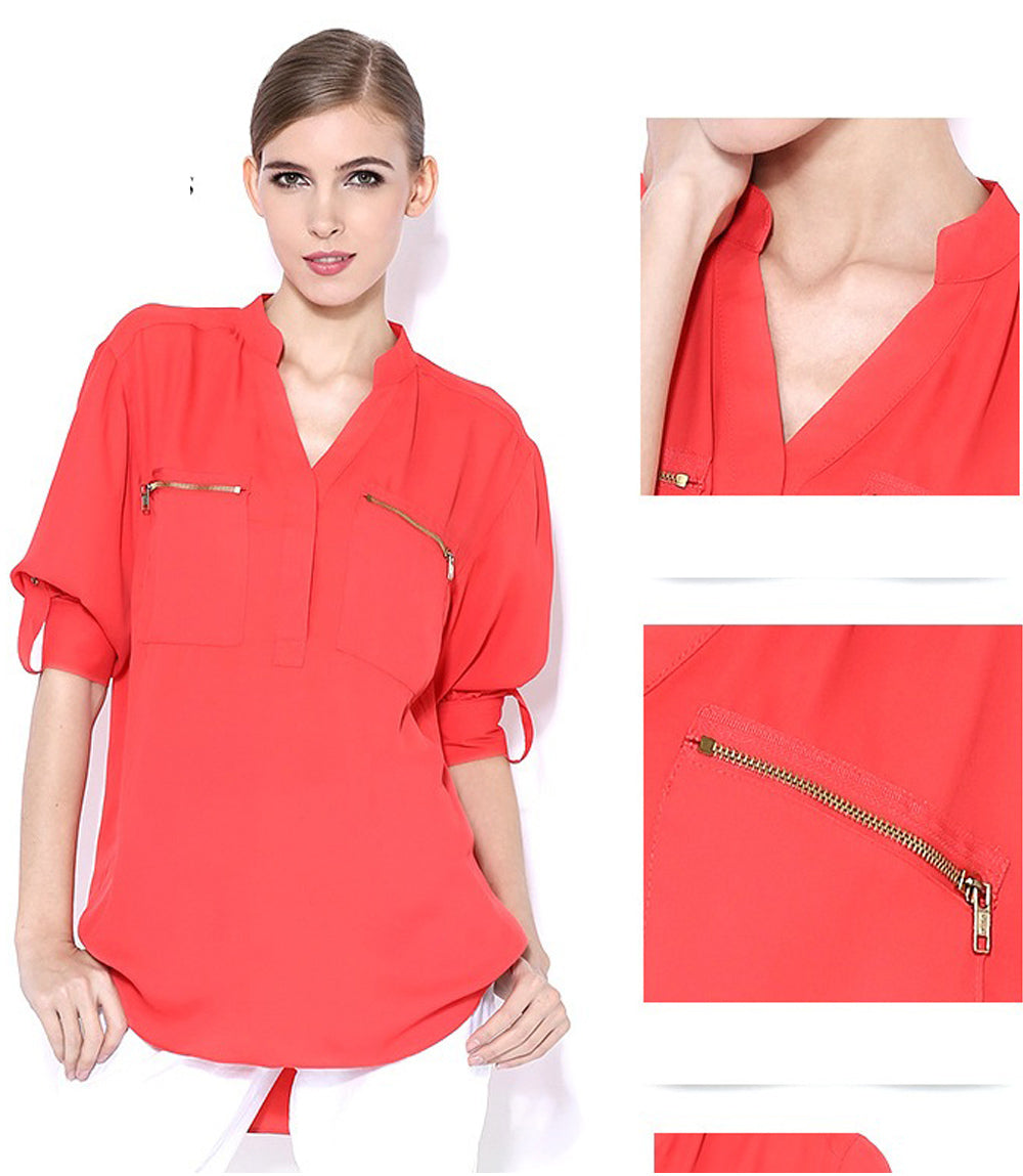 Women Long Sleeve Crepe Collar Neck Shirt Red