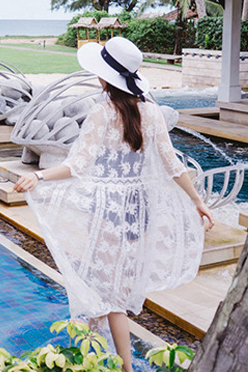Women Thin Long Sleeve Lace Embroidered Cover-Up