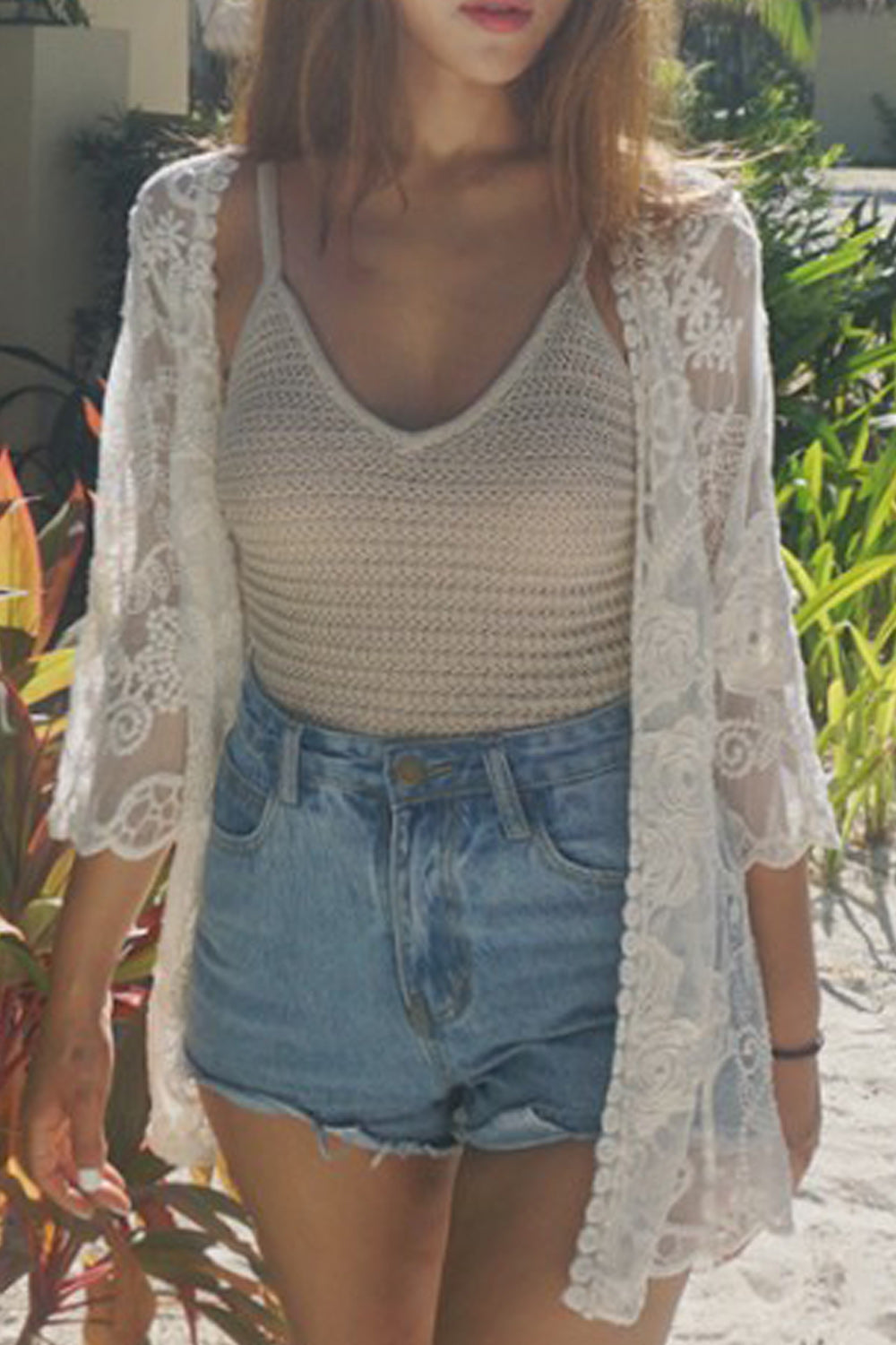 Women Beautiful Flower Lace Thin Front Open Style Beach Cover-Up