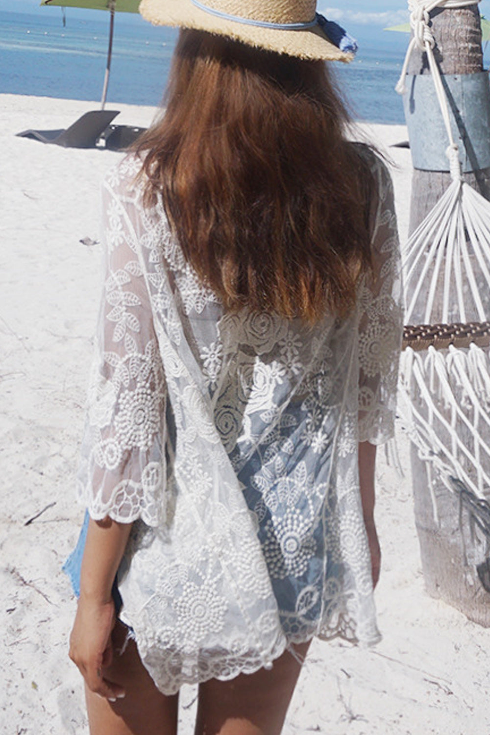 Women Beautiful Flower Lace Thin Front Open Style Beach Cover-Up