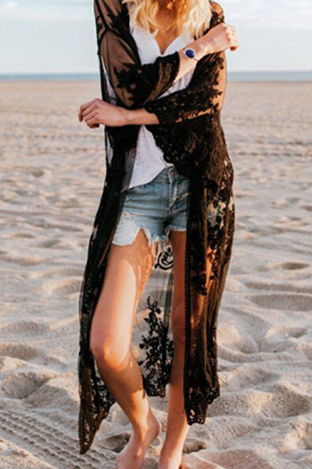 Women Fashionable Hollow Flower Lace Full Length Beach Cover-Up