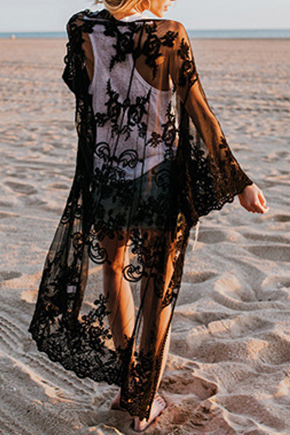 Women Fashionable Hollow Flower Lace Full Length Beach Cover-Up