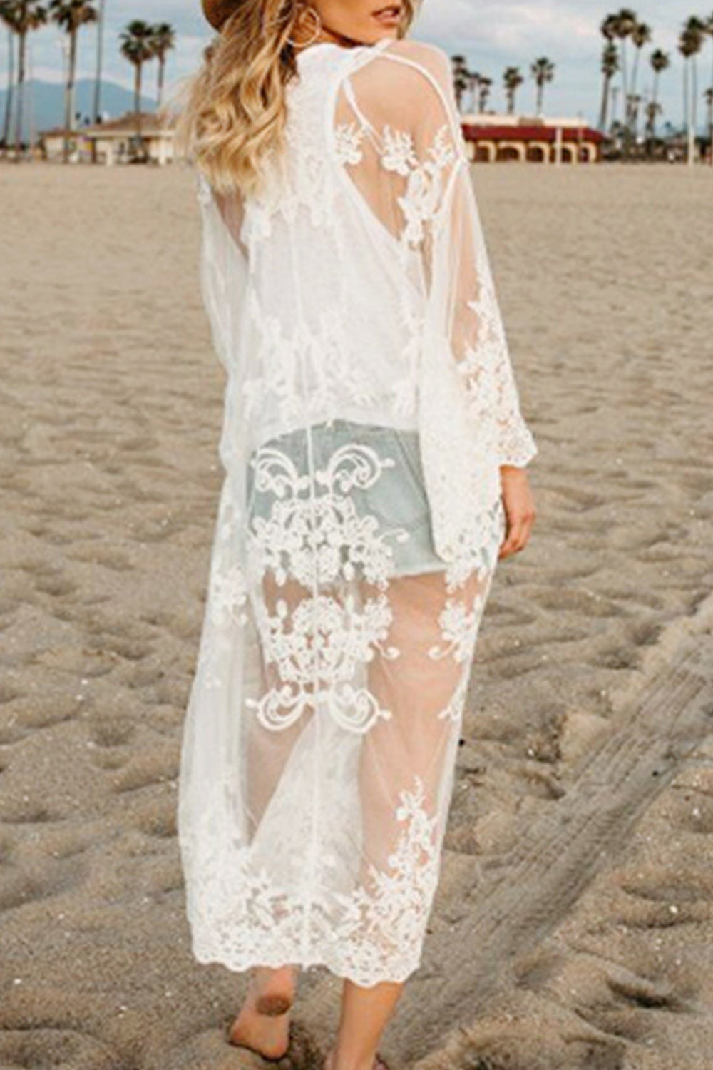 Women Fashionable Hollow Flower Lace Full Length Beach Cover-Up