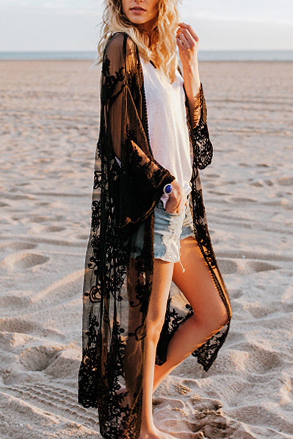 Women Fashionable Hollow Flower Lace Full Length Beach Cover-Up
