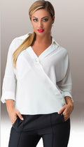 Women Collar Neck Folded Cuff Casual Shirt White