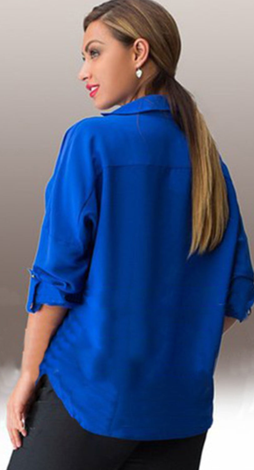 Women Collar Neck Folded Cuff Casual Shirt Blue