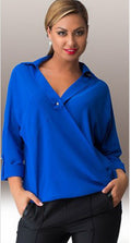 Women Collar Neck Folded Cuff Casual Shirt Blue