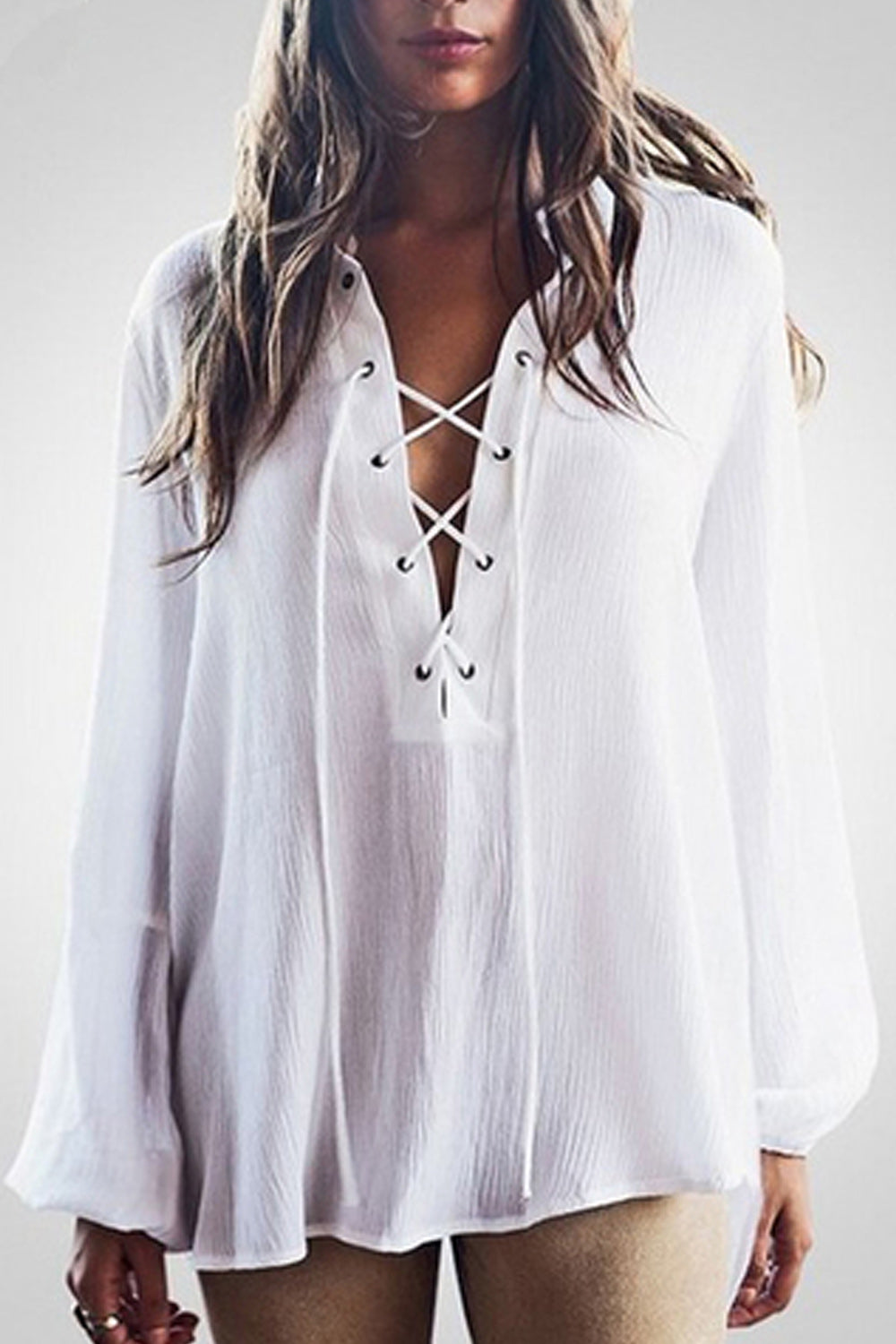 Women Summer Loose Cross Strap Neck Shirt