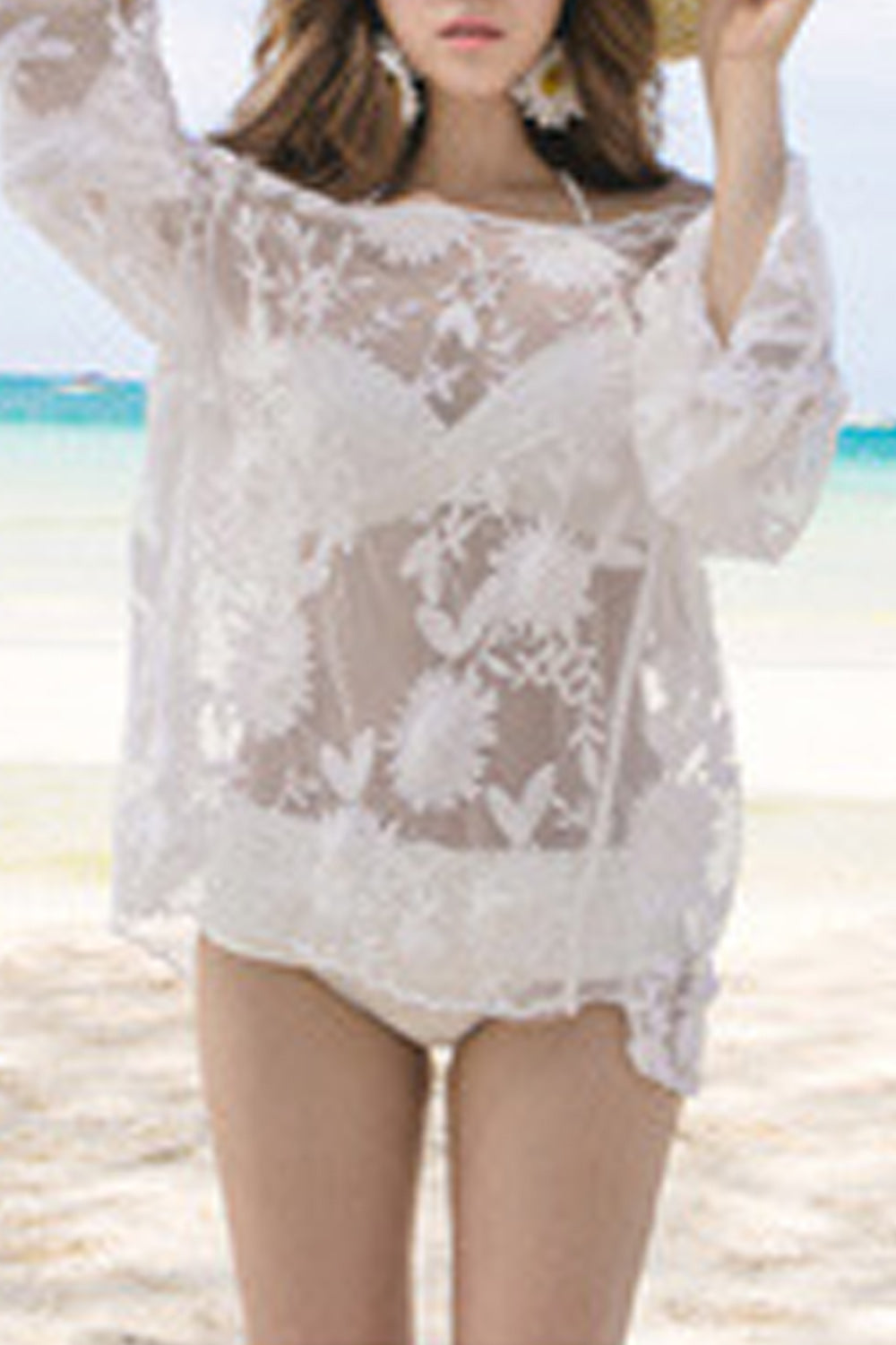 Women Flower Printed Hollow Long Sleeve Beach Cover-Up