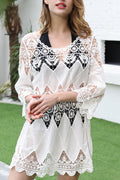 Women Mid Length Long Sleeve Hollow Lace Beach Cover-Up