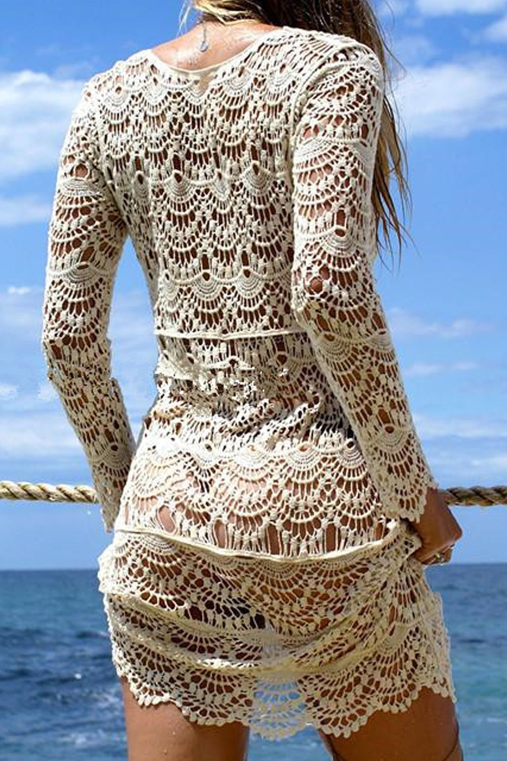 Women Hollow Lace Breathable Solid Colored Cover-Up