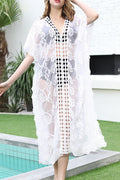 Women Hollow Lace Short Sleeve Beach Cover-Up