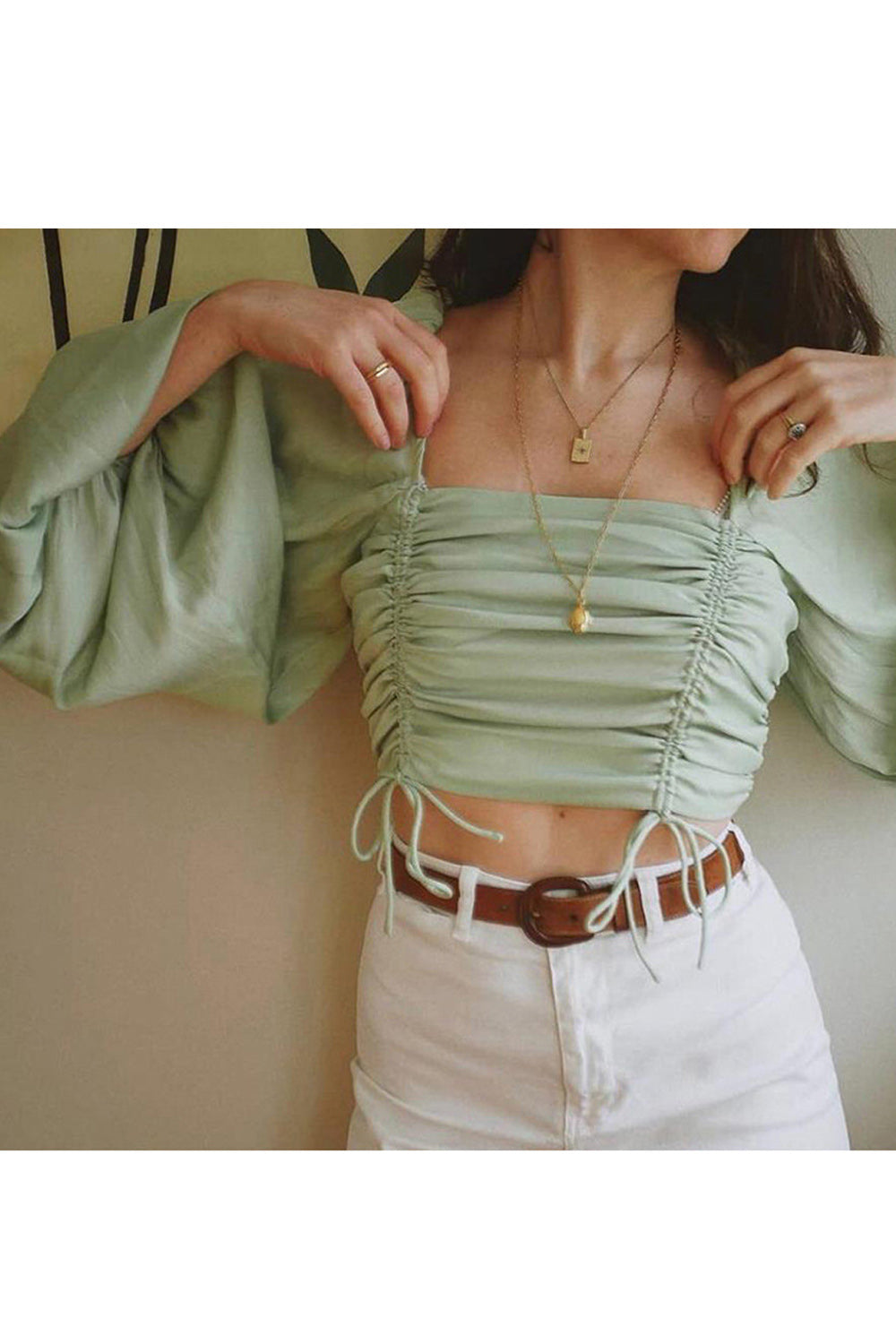 Women Long Sleeve Pleated Square Neck Fashion Shirt