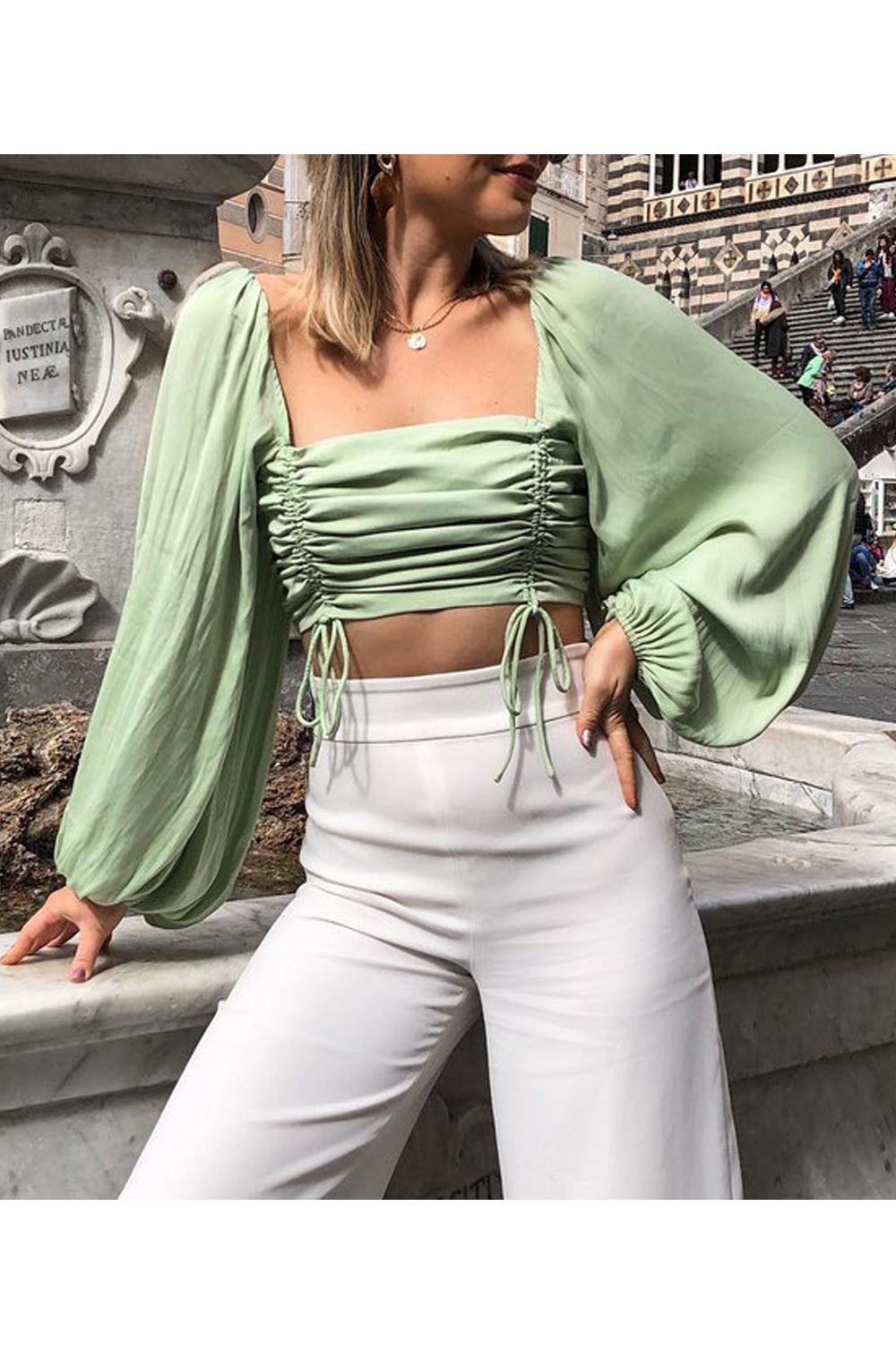 Women Long Sleeve Pleated Square Neck Fashion Shirt