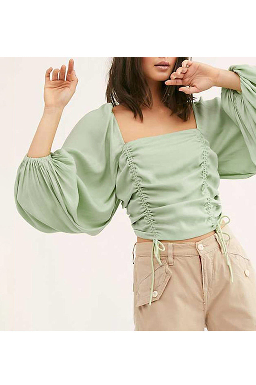 Women Long Sleeve Pleated Square Neck Fashion Shirt