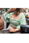 Women Long Sleeve Pleated Square Neck Fashion Shirt