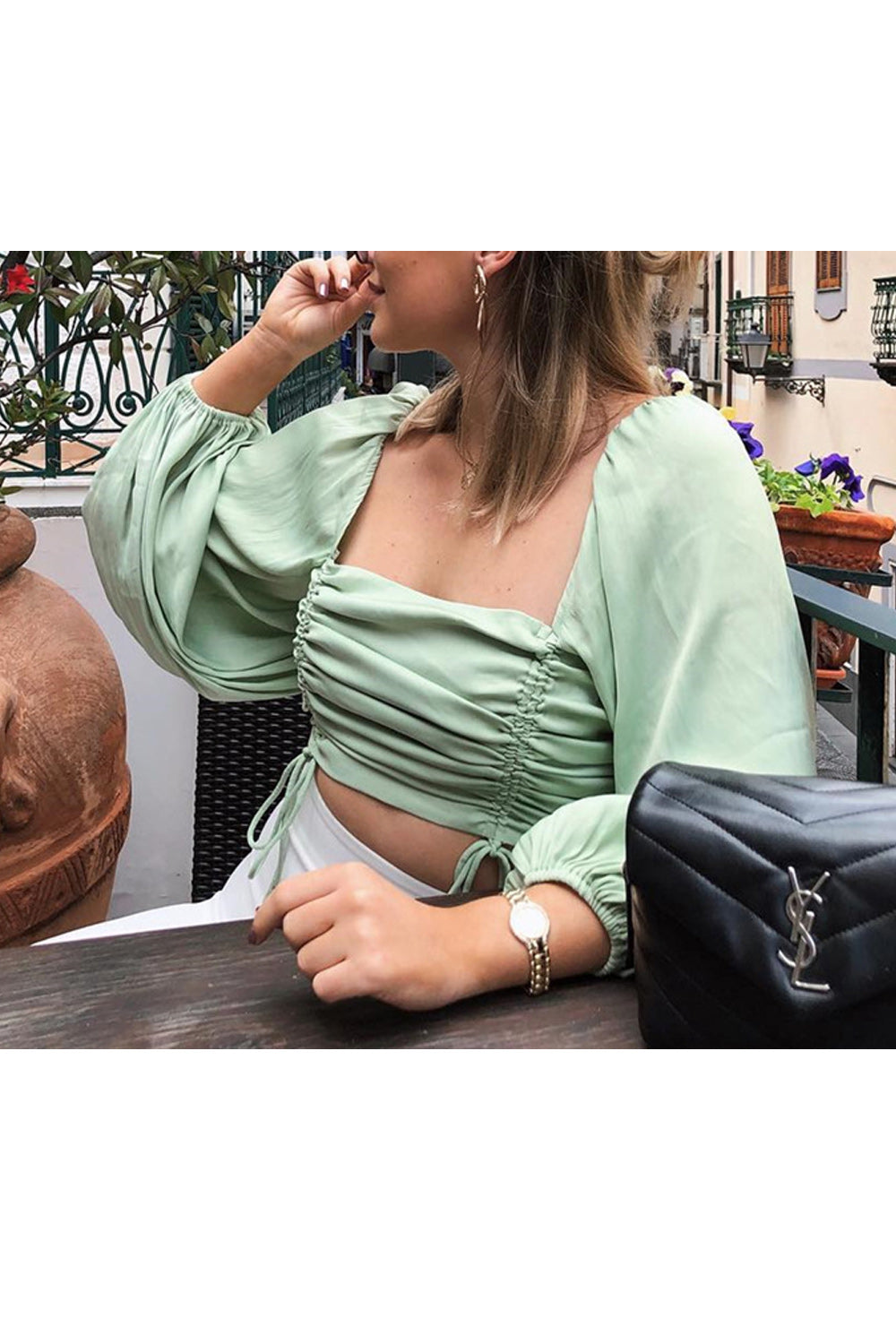 Women Long Sleeve Pleated Square Neck Fashion Shirt
