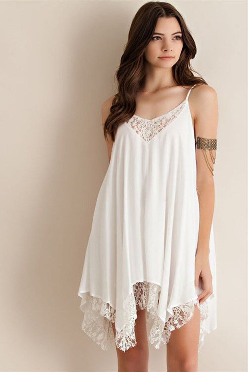 Women Thin Straps Lace Decorated Chiffon Tank Top White
