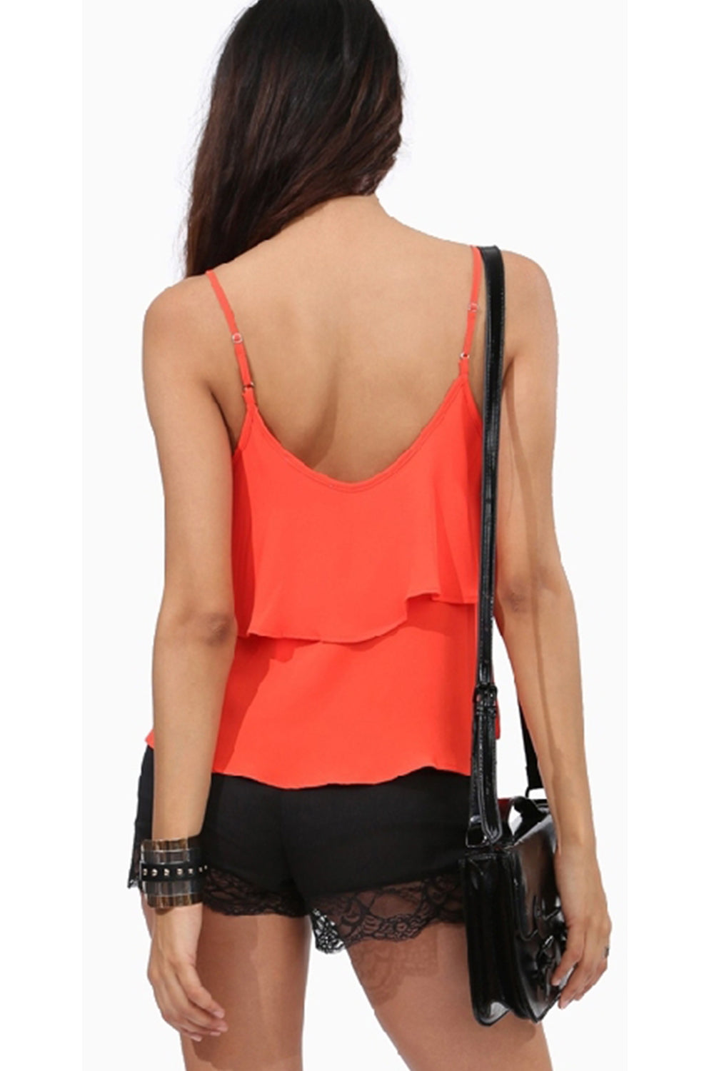 Women Flouncing Straps Layered Hem Tank Top Orange