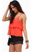 Women Flouncing Straps Layered Hem Tank Top Orange