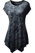 Women Slim Fitted V Shape Hem Dye Pattern Top Black