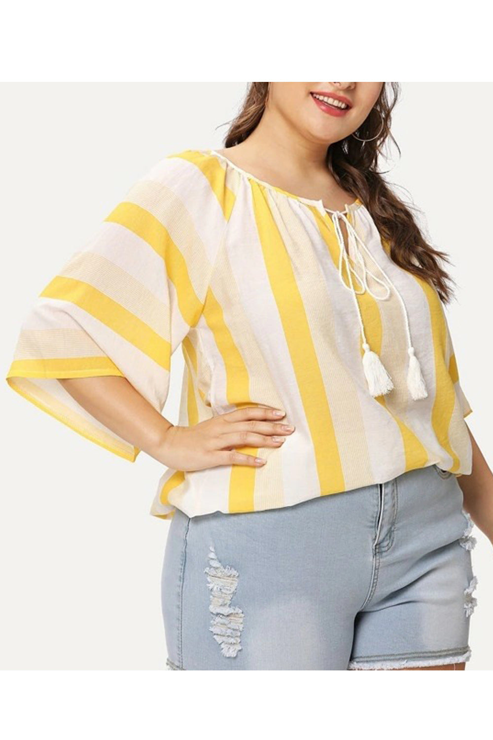 Women Stripes Tie Strap Round Neck Loose Casual Shirt